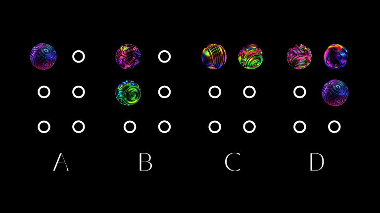 Braille code in vibrant colours for the letters A, B, C and D.