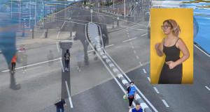 A digital collage. On the right is a picture of the artist running with a yellow background. behind is a picture of a street where people are running and an almost invisible image of horses passing through.