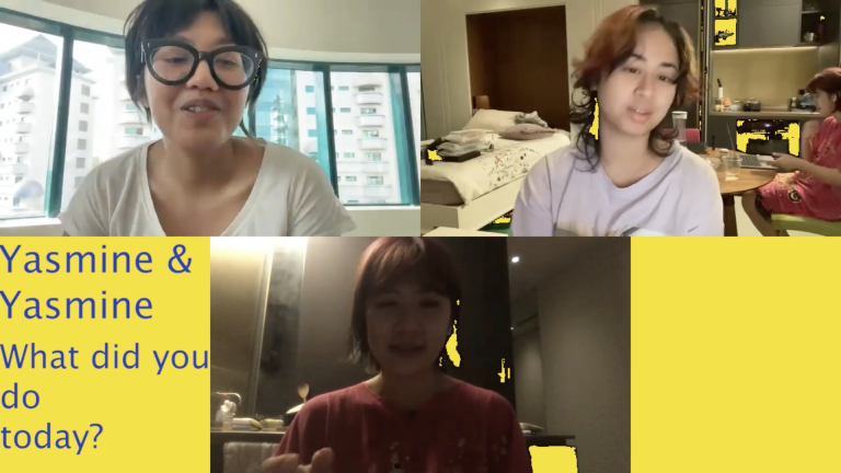 A screenshot of a video call showing three people, performing as Yasmine. The text says 'Yasmine &Yasmine, what did you do today?' in blue on a yellow background