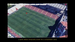 Google Maps screenshot of a football stadium with open captions underneath.