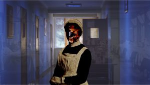 A sinister still from a film in a hospital hallway. With collages layers of vintage hospital images. Including a nurse who is at the centre the nurses face is covered in abstract burnt colours.