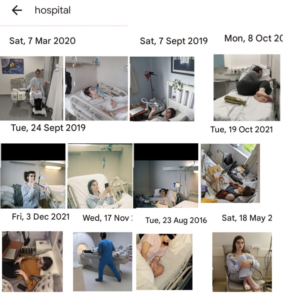 A collage of screenshots from google photos of Charlie Fitz. In each photo she is either a patient in hospital or at home in her bed. The images are taken over a 6 year period, which can be seen from the various dates.