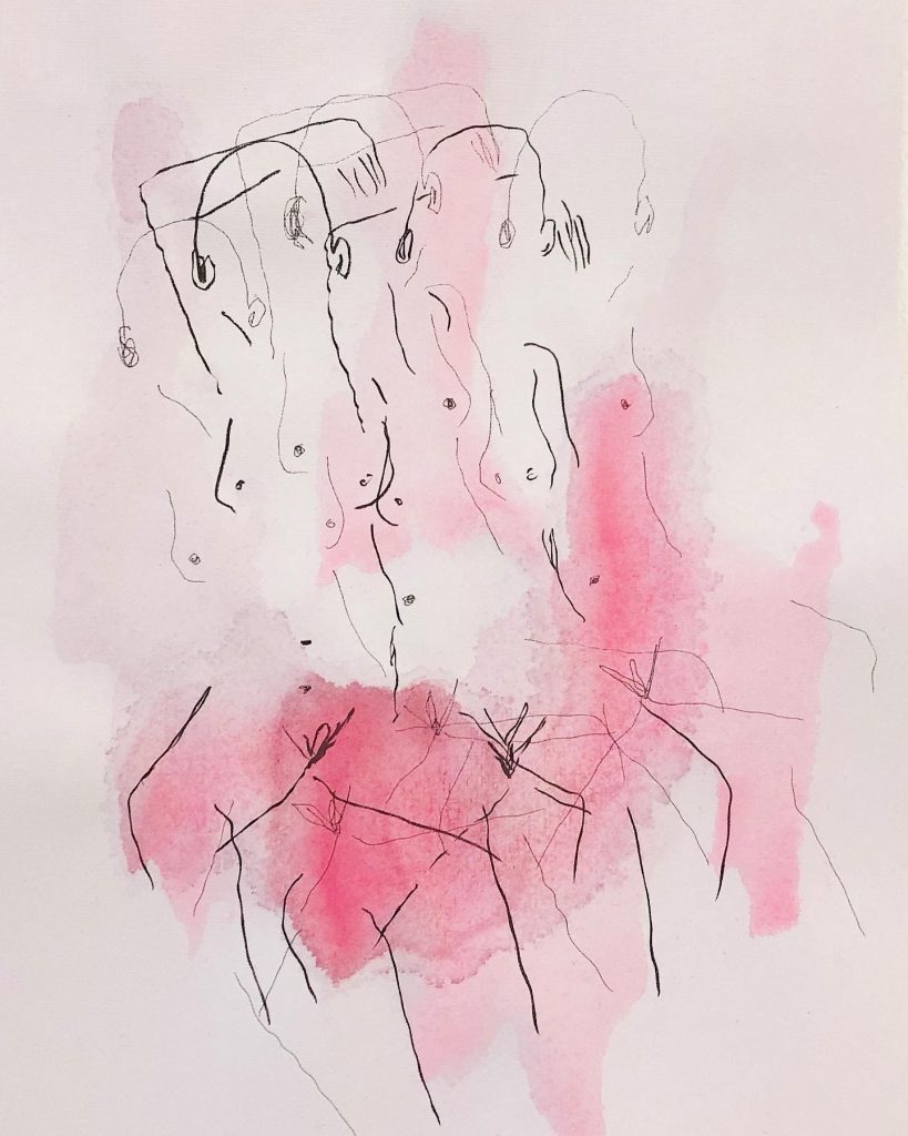 Repeated black line figure drawings of a female body on pink background