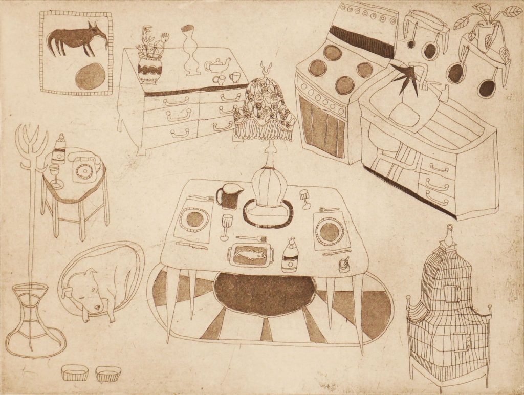 Sepia color drawings of a scene in the kitchen with a dog laying down , table full of objects