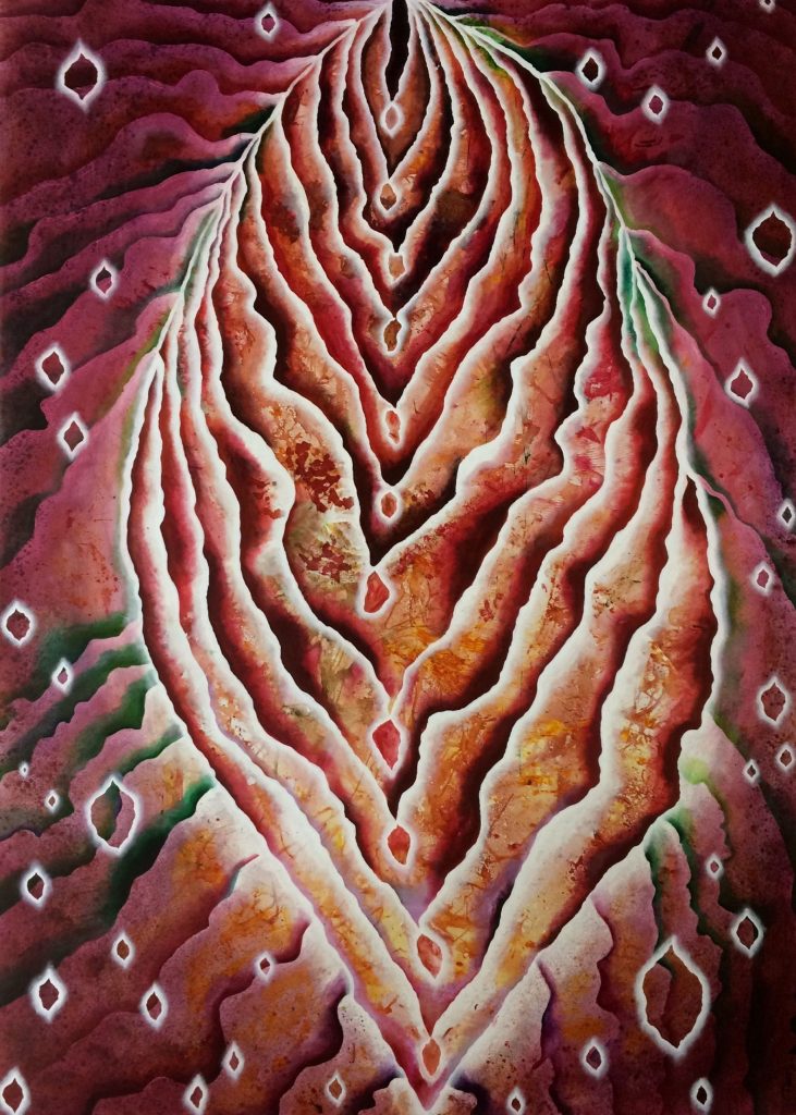 Contour lines shaping a vulva or leaf in red and orange with white glows, against a purple wash