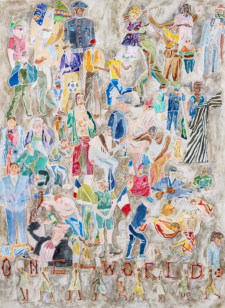 Colourful drawing of figures of of different colour of people doing different activities with a rustic greyish-brown background. With a text on the bottom