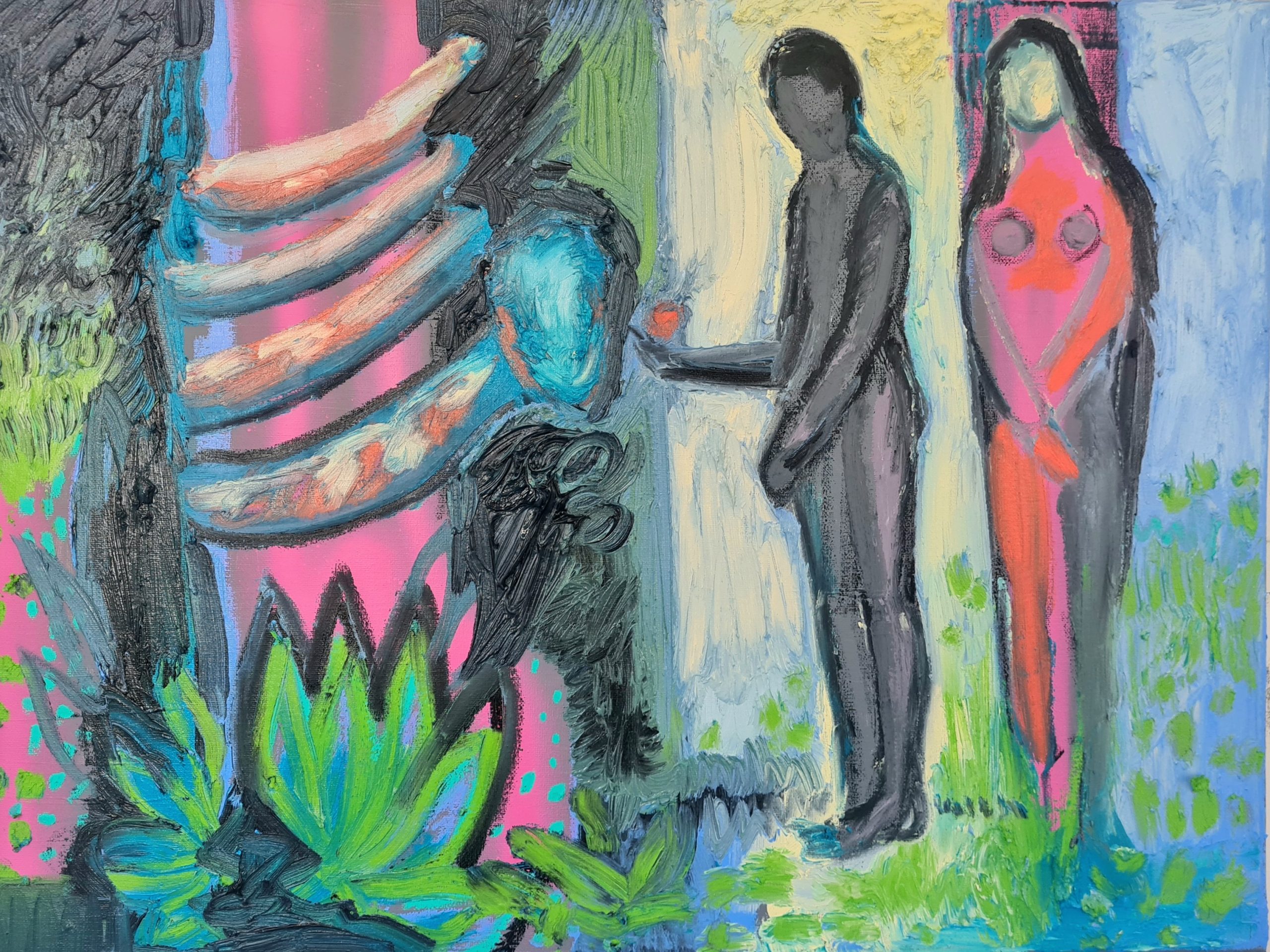 Painting of male and female figure (Adam and Eve inspiration) and a snake on pink bark