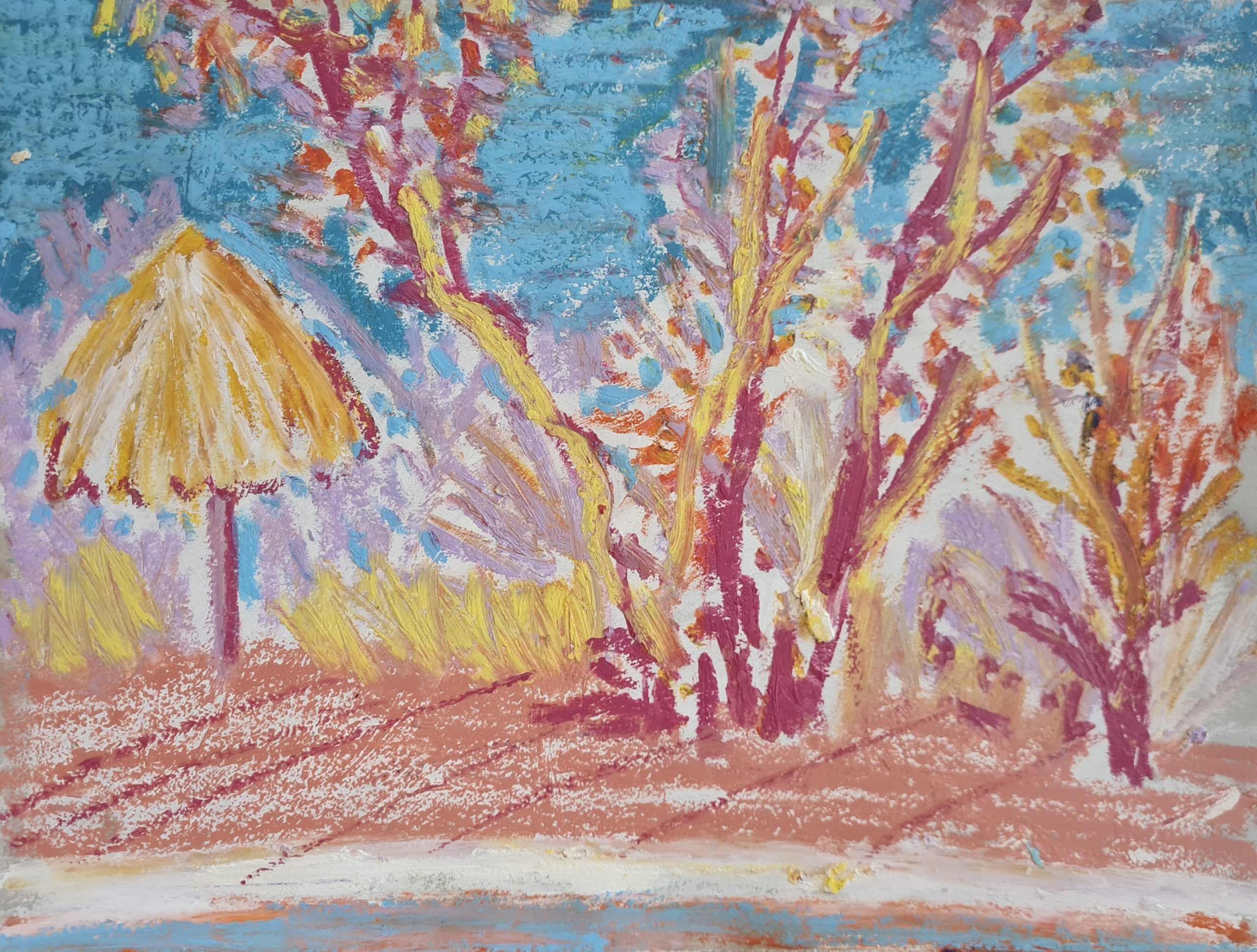 Red and yellow sketeches from oil pastels of trees and a hut
