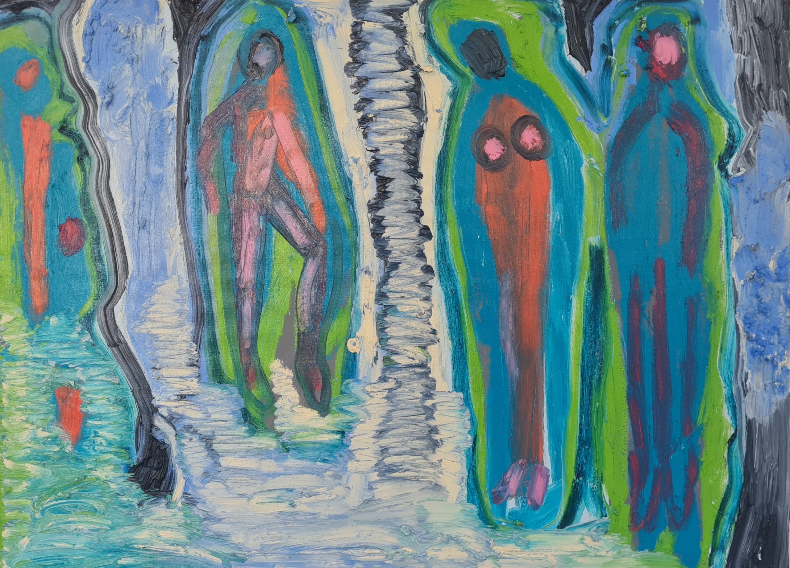 Sketches of figures in blue and red from oil sticks inspired by Garden of Eden - fertile imagery