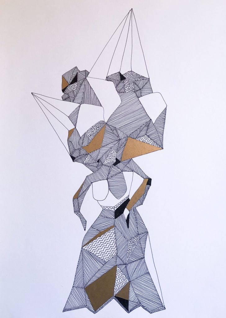 Adrawing of geometrical shapes and facets. These shapes are formed into a combination of crystals-woman in black, white and gold colour
