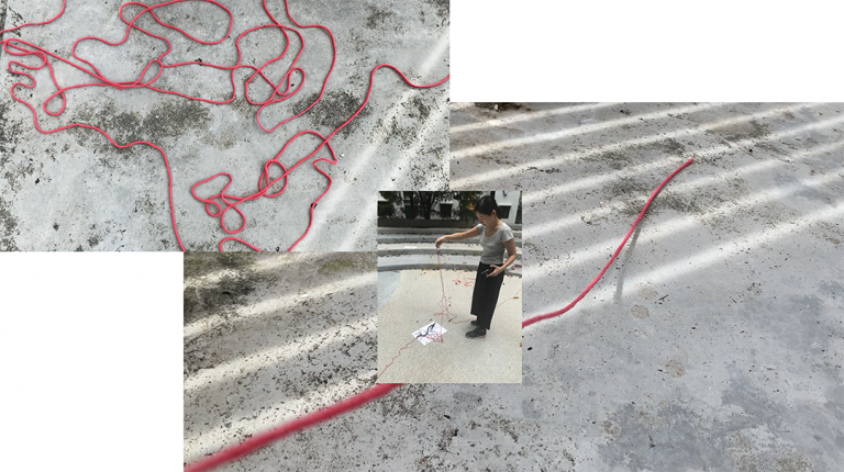 collage of asian woman holding strings and image of red strings laid out on public floor