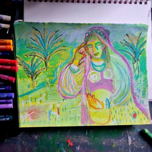 Photo of a mixed media drawing of a veiled lady walking through a landscape.