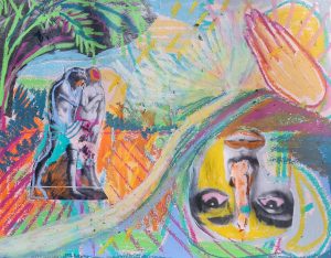 Mixed media drawing of a landscape with collage of Adam and Eve and a ladies face with a sunrise.