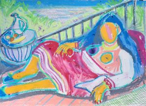 drawing in pastel of a woman reclining on a balcony with a table and landscape behind her.