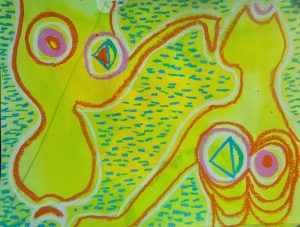 Pastel drawing of abstract figures and marks