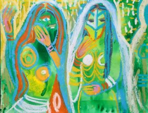 Pastel drawing of masked female figures in a lush forest.