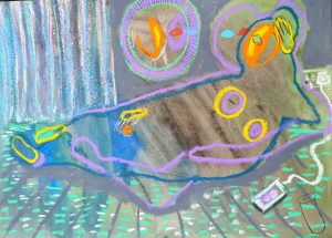 Pastel drawing of a reclining figure with a phone, mirror and curtain