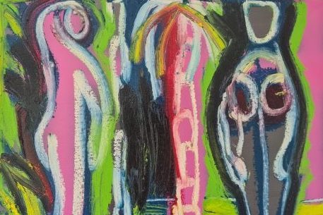 Sketches drawn with pigment sticks in pastel pink, lime green, white, grey, black, and dark blue of abstract figures in an abstract garden