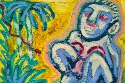Sketch of a blue man figure sitting in a yellow background with green coconut trees drawn with pigment sticks i