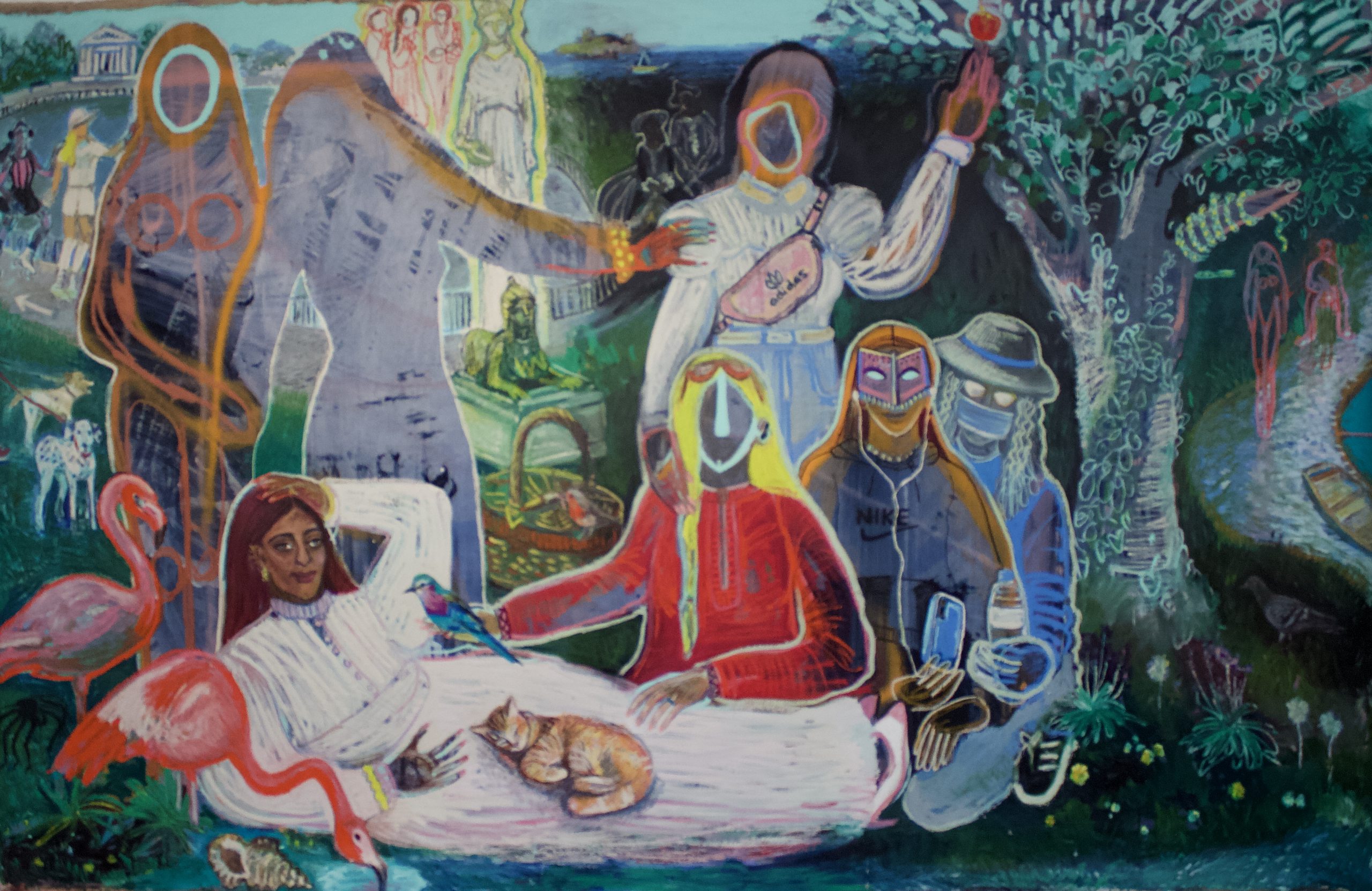 Painting of women in the garden, inspired by garden of Eden. There are & women in different clothing and silhouettes, traditional Middle-Eastern clothes paired with contemporary fashion, with two pink flamingos, a cat, and two dogs in the background.