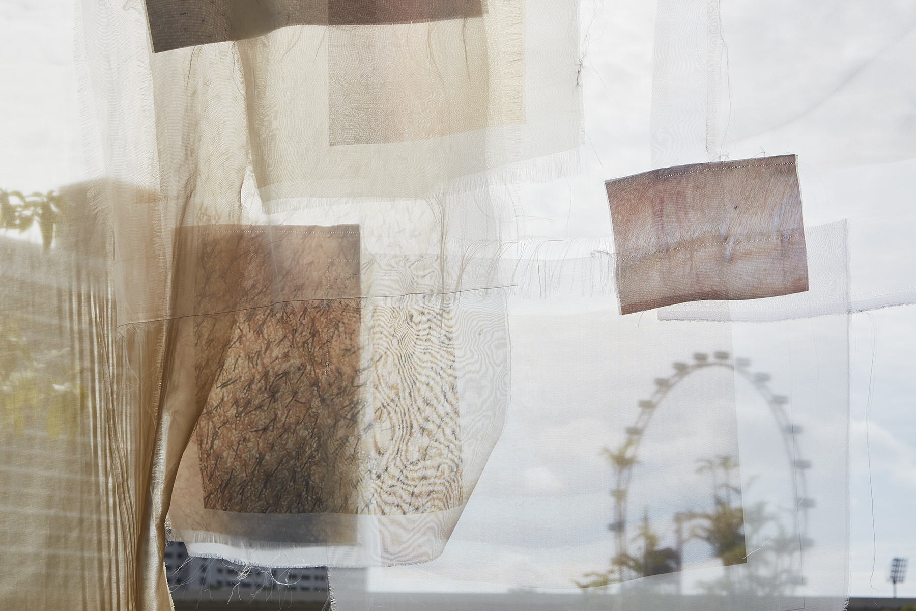 Close up of one of the fabric installation of close up skin- with ferris wheel in background