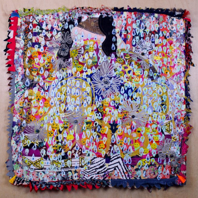Abstract colourful textile and collage art with emojis