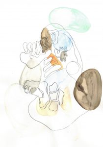 Organic shape drawing with black outlines, green, blue, orange and brown oval shapes composed in circular motion- different orientation to 'breathing space 3'
