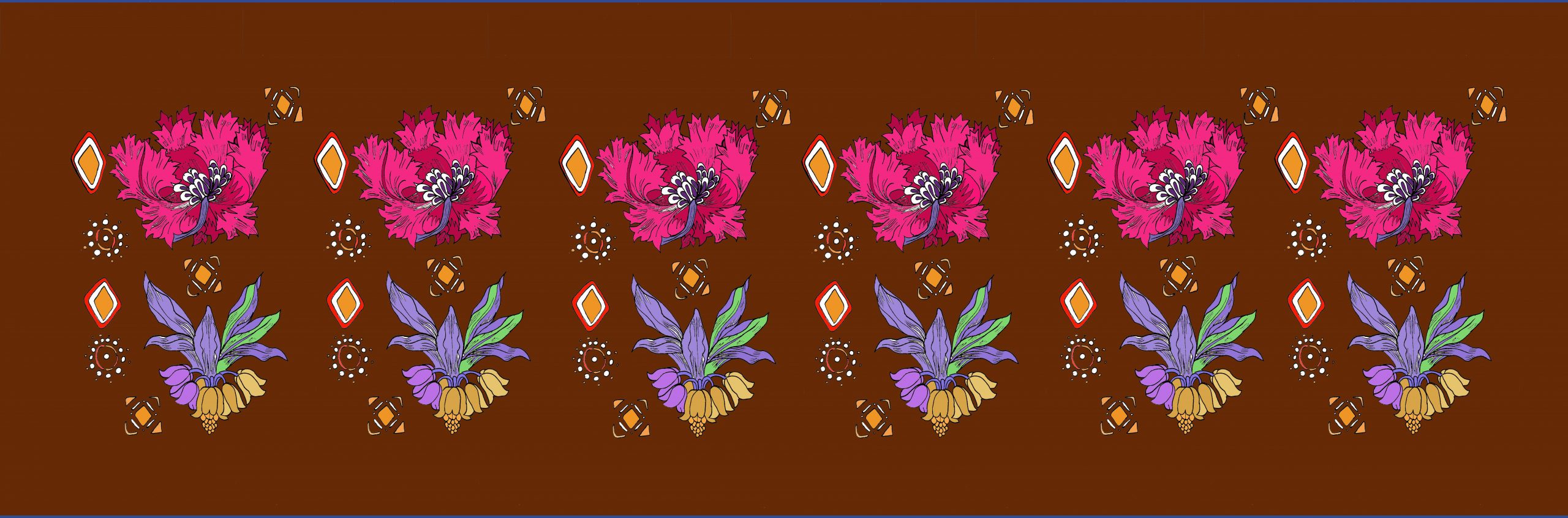 Digital design of pink and purple flowers, geometric shapes against brown background