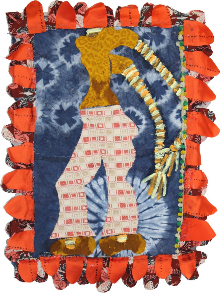 Textile collage, headless elongated woman figure with red block printed pants against a blue tie-dye background and framed with orange triangular shapes