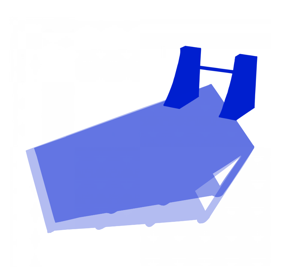 Blue digital drawing - twin ramp-like structure connected with horizontal beam with floor shadow