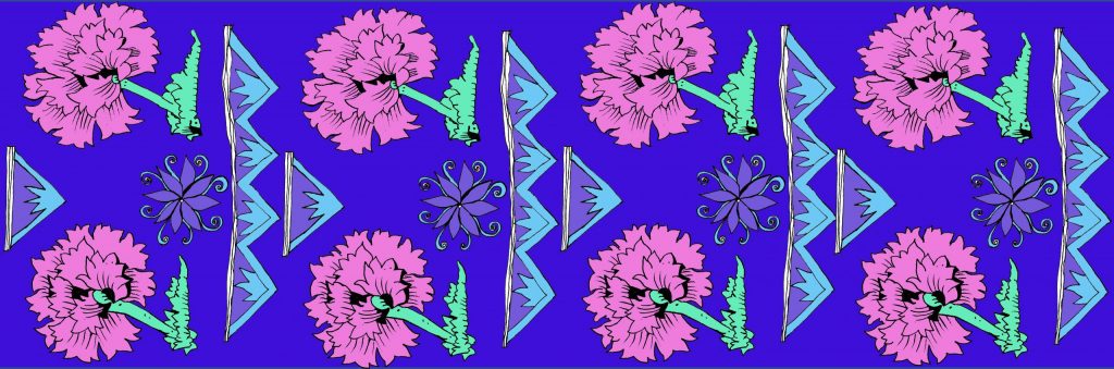 Pink flowers and triangular blue-purple patterns against blue background