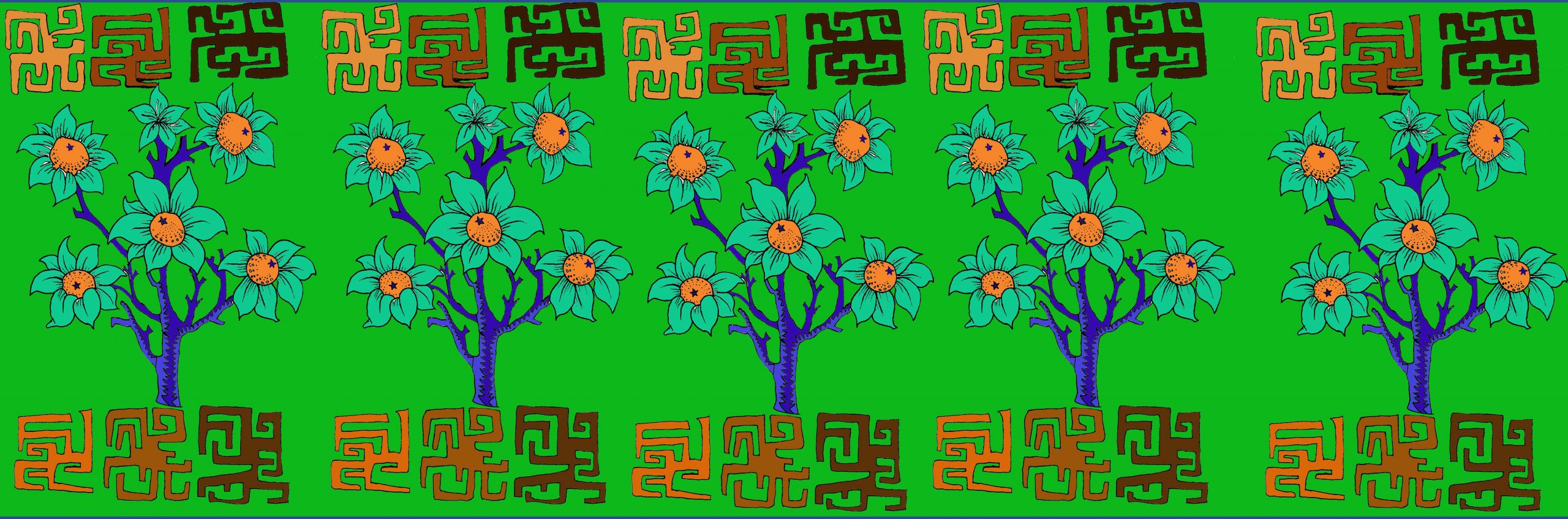 Green flowers on blue tree branches and brown maze-like pattern against green background