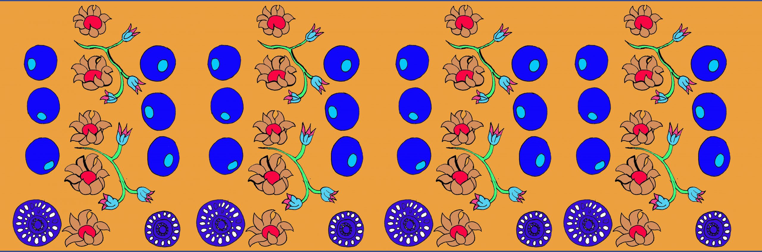 Brown flowers and blue round motifs against brown background