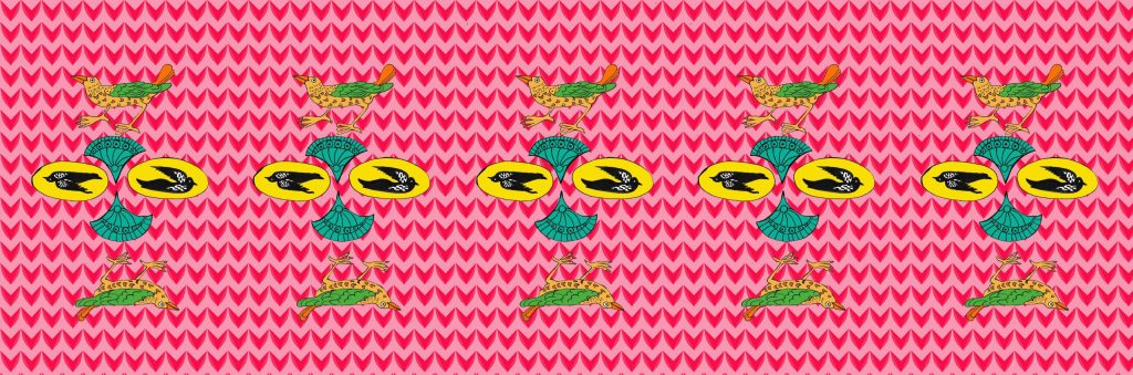 Flora and fauna motifs against a red and pink arrow pattern in the background