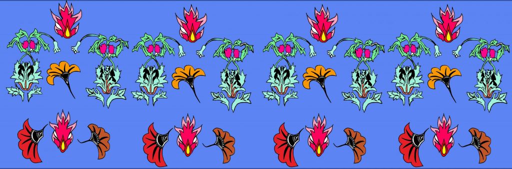 Pink, light blue, red, orange flowers against a indigo blue background