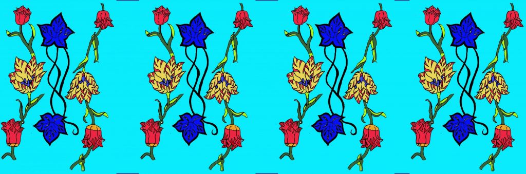Yellow, red and blue flowers in a vine against a cyan blue background
