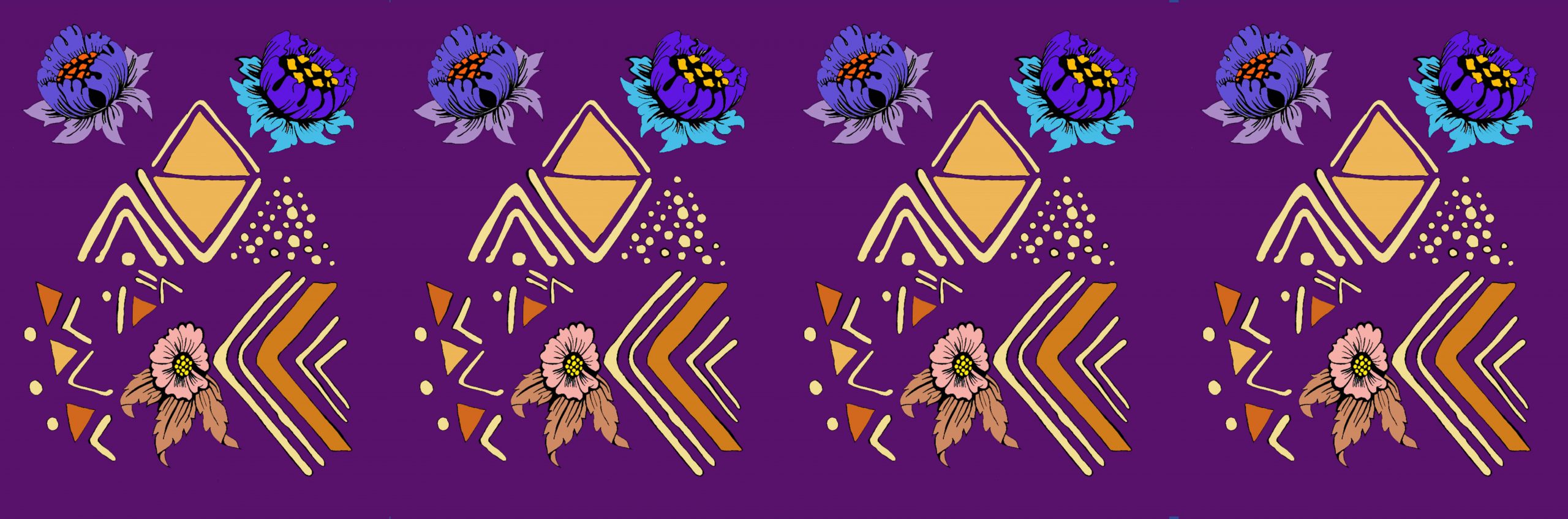 Floral and triangular motifs in blue, yellow, pink, orange against purple background