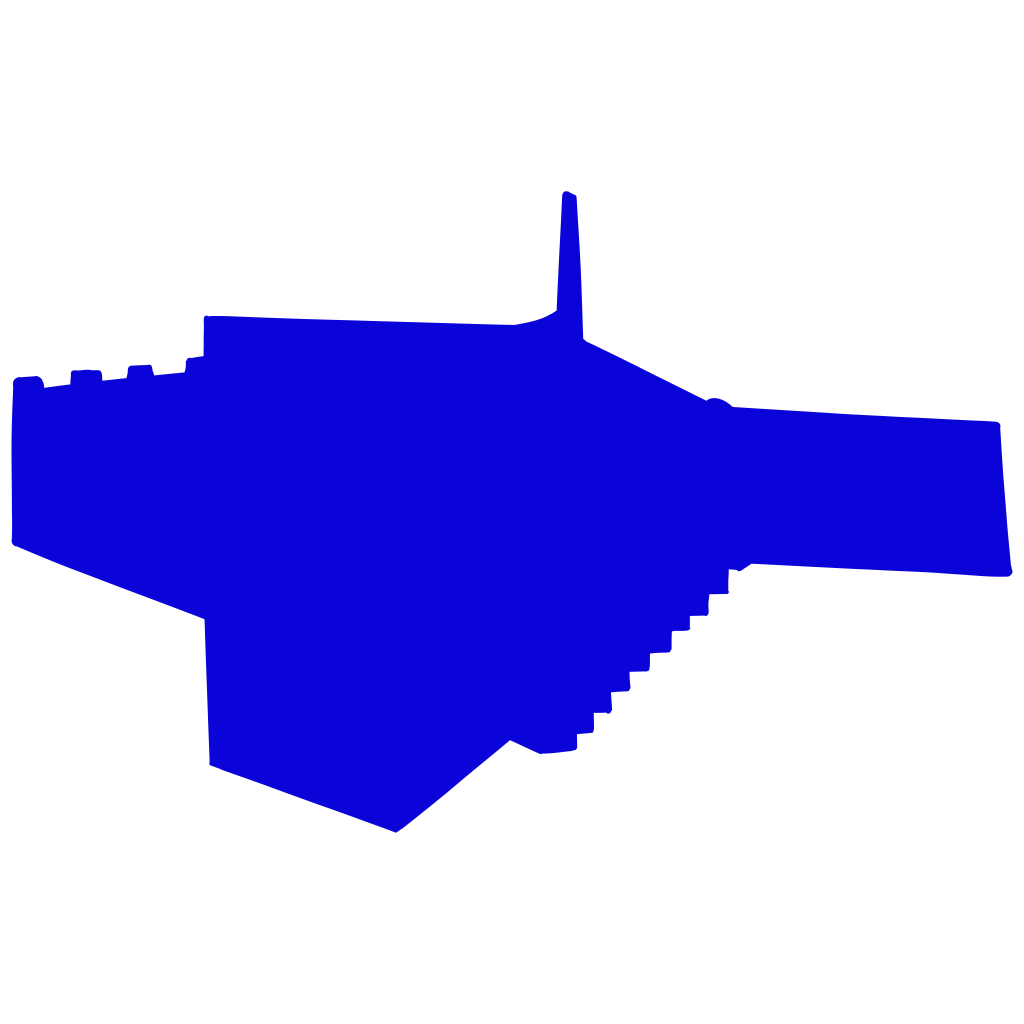 Blue digital drawing, geometric structure with rigged sides from frontal perspective