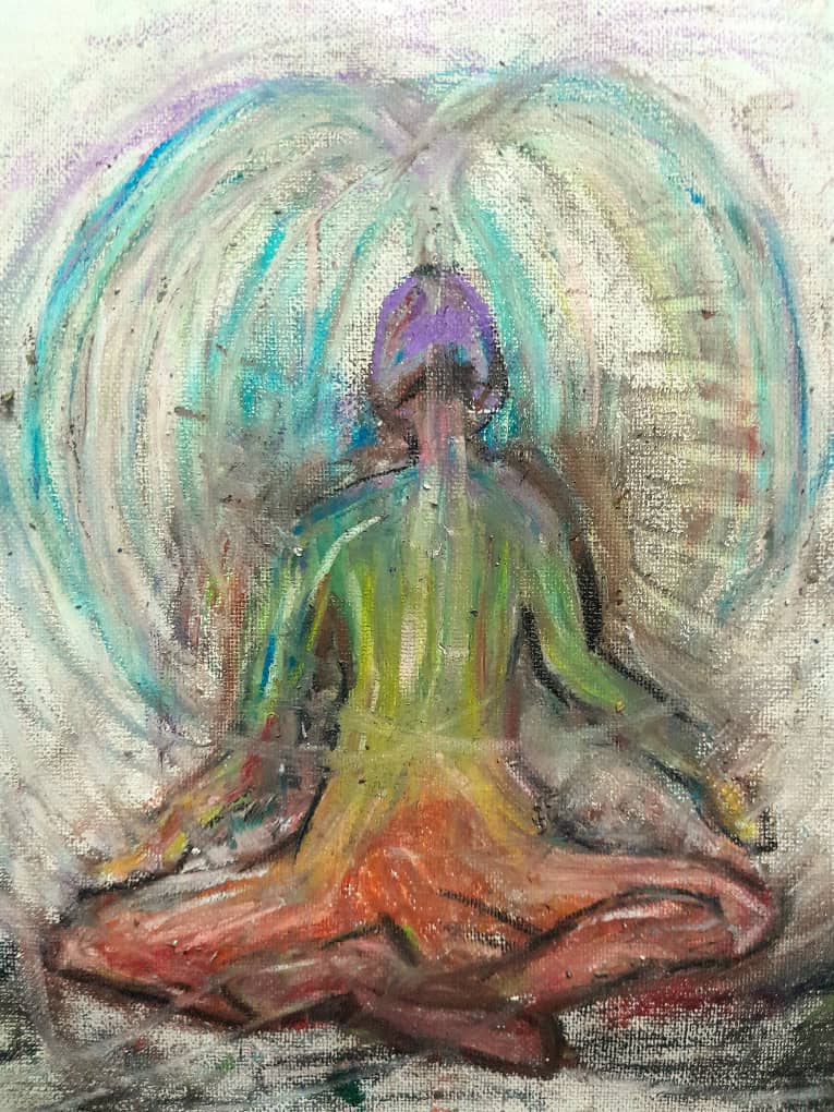 Colourful form of a human meditating against a white background with blue aura surrounding the body