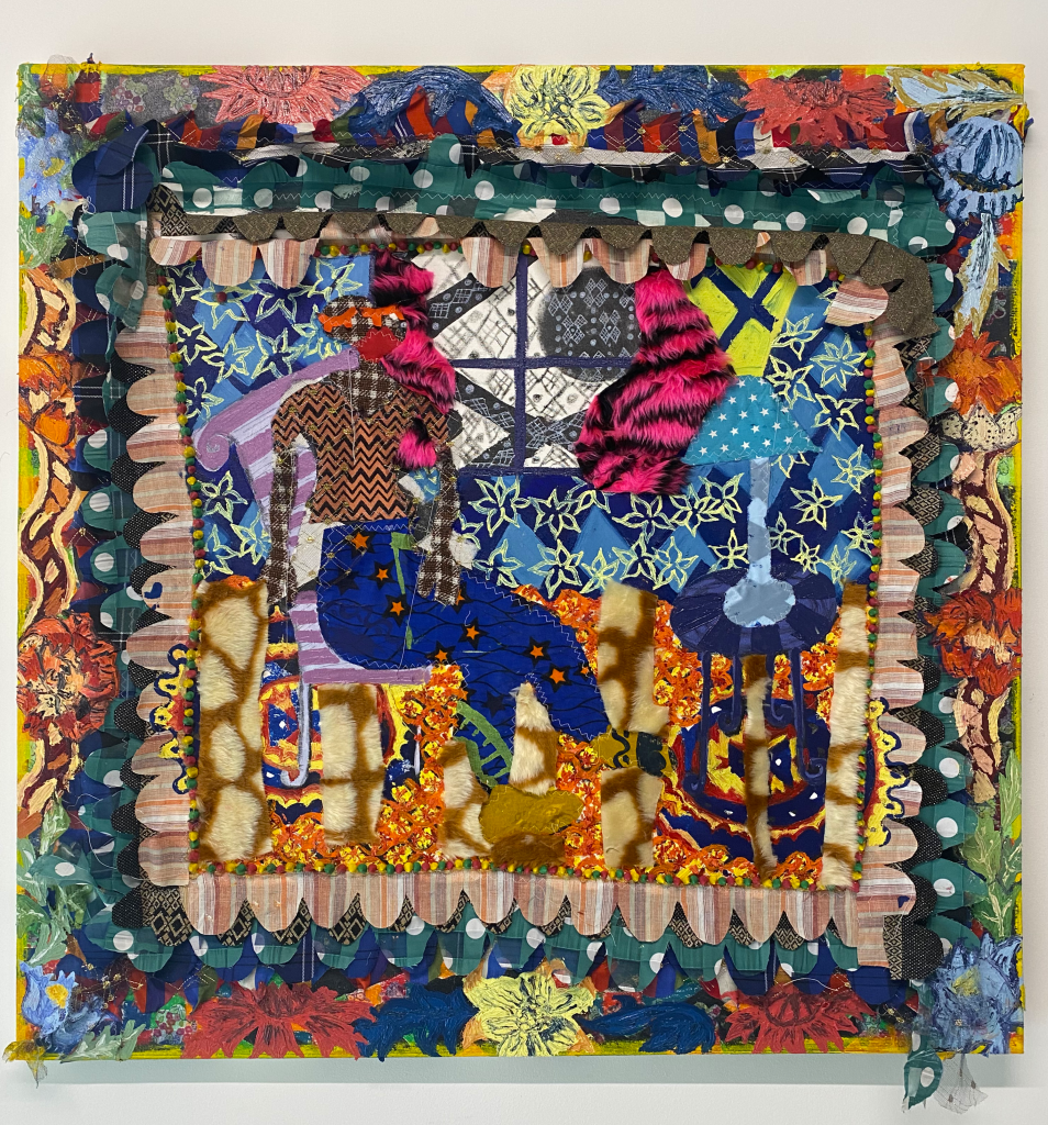 Colourful textile collage of woman sitting