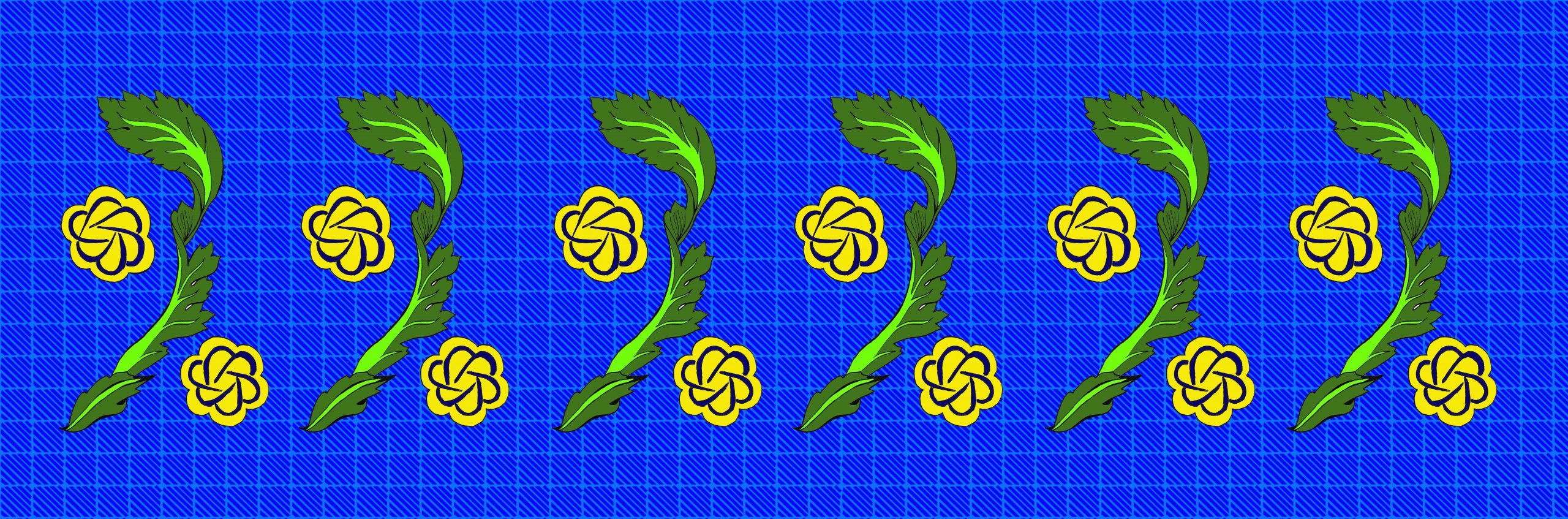 Yellow flowers and green leaves against squared blue background