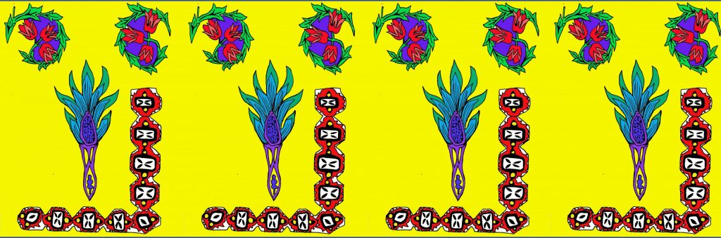 Floral pattern (above), red blocks in L shape (below floral pattern), leaf pattern sits in the middle of the L shapes - against a yellow background