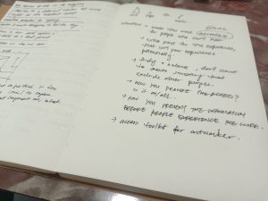 Scribbled handwritten notes in a sketchbook