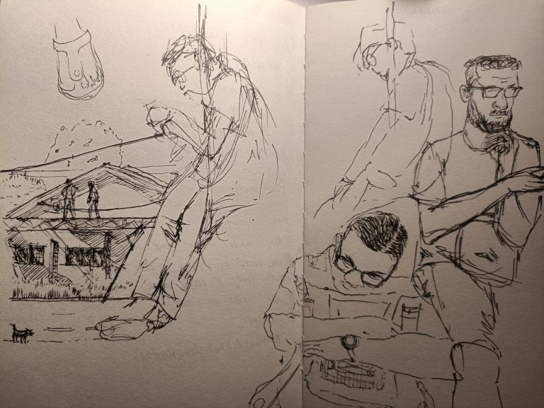 Sketches of men on train and a house