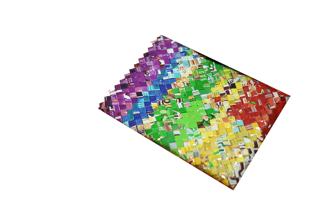 A rainbow colour weaved pouch using upcycled packaging