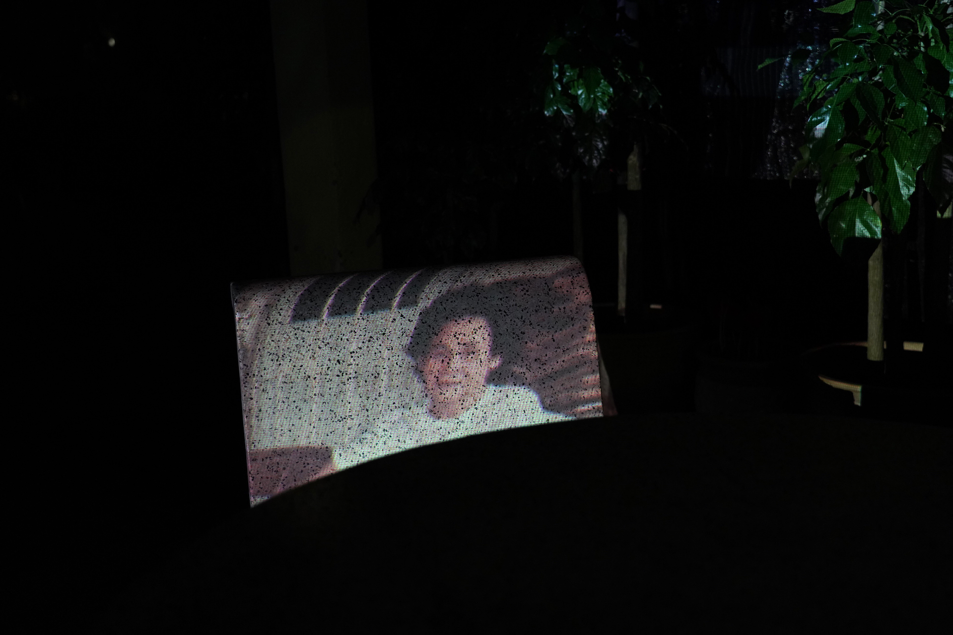 Colour landscape photograph of an older woman projected on a backrest of a bench.