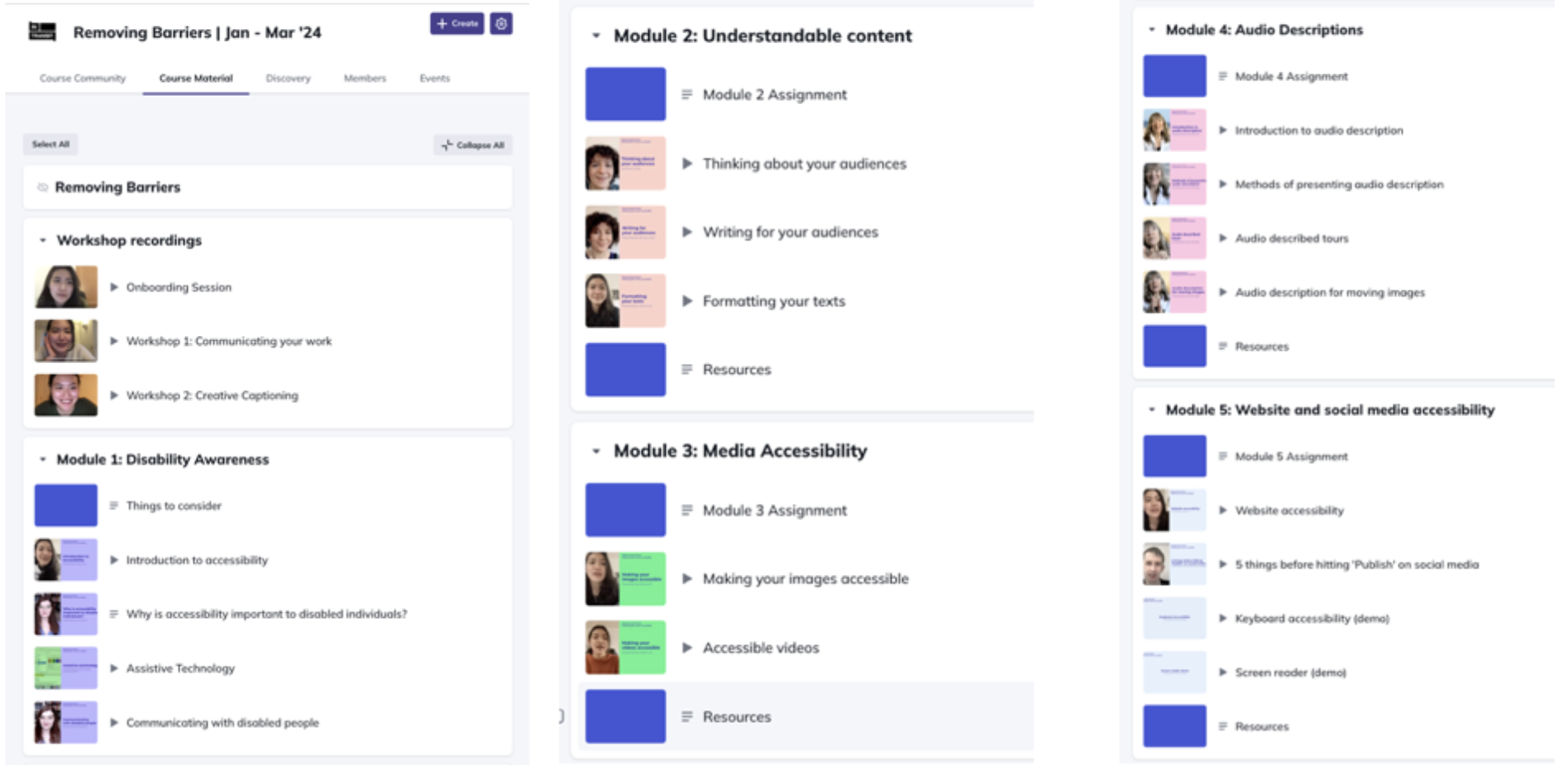 Overview of the Removing Barriers modules on In Transit’s course platform